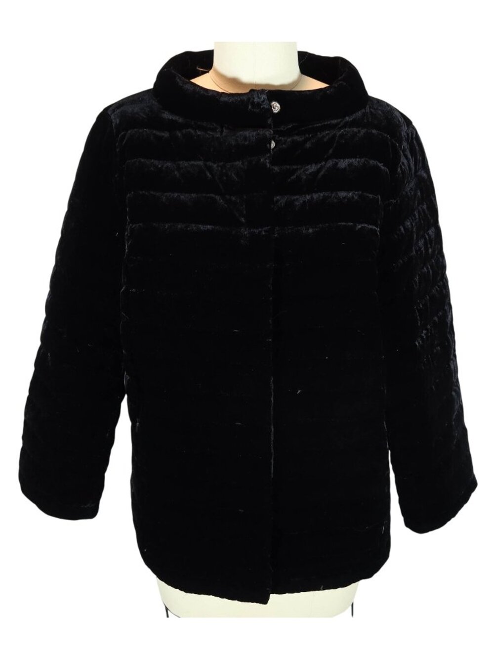 TALBOTS Velvet Down Filled Puffer Coat Size 6 Snap Button Jacket Black